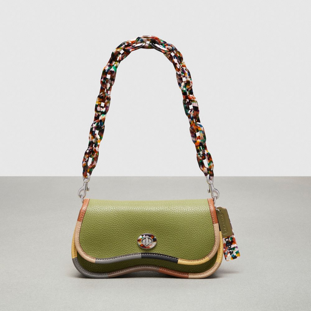 COACH®,Wavy Dinky Bag With Colorful Binding In Upcrafted Leather,Coachtopia Leather,Small,Olive Green Multi,Front View