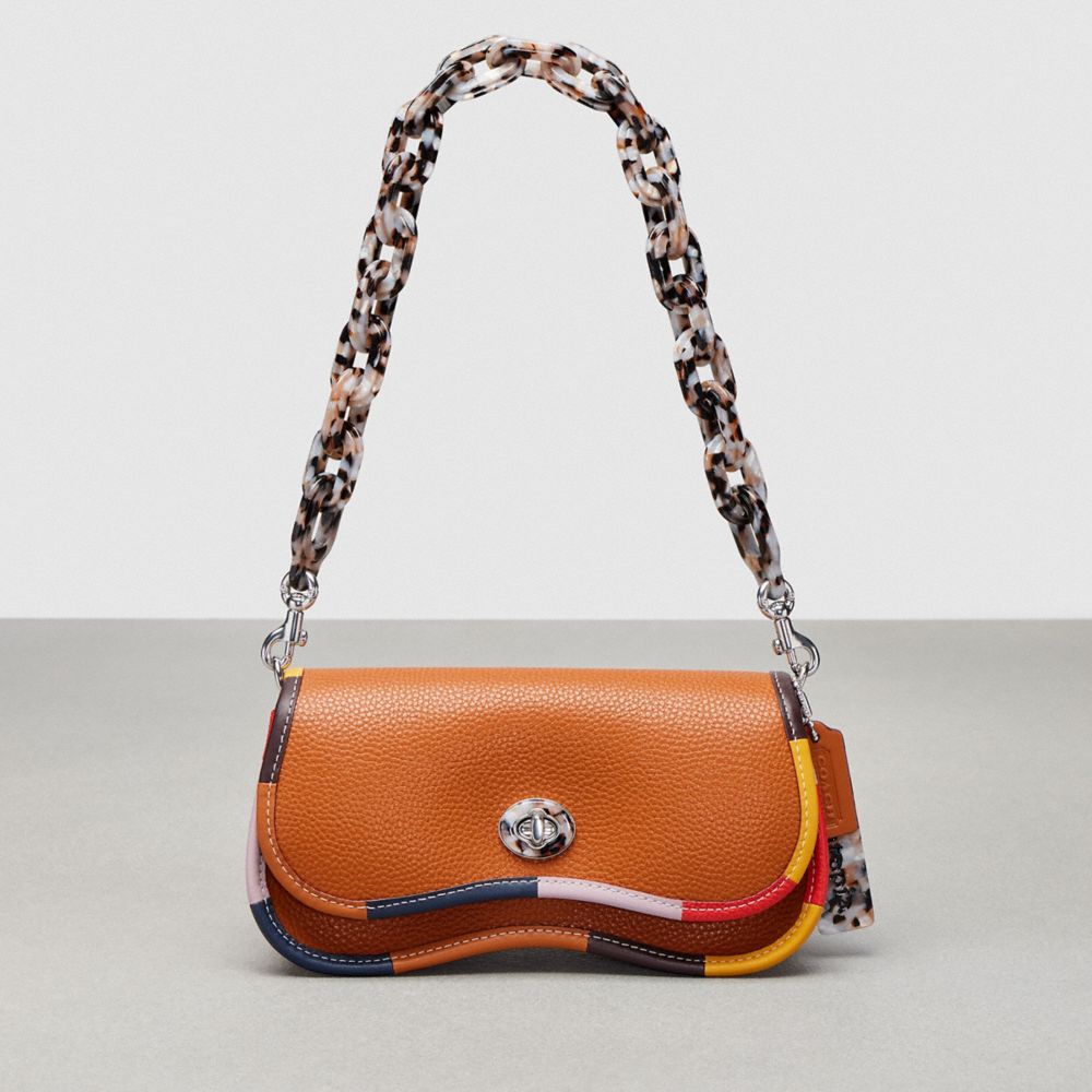 COACH®,Wavy Dinky Bag With Colorful Binding In Upcrafted Leather,Coachtopia Leather,Small,Burnished Amber Multicolor,Front View