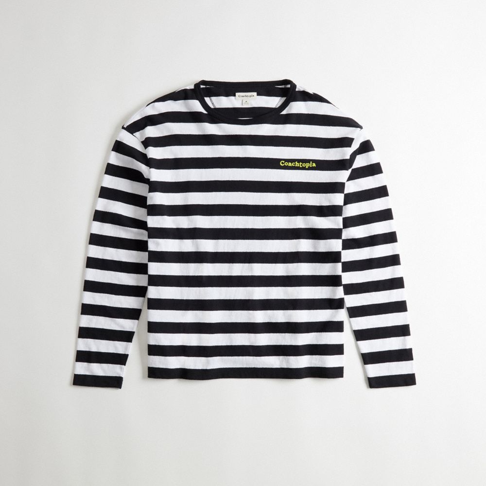 COACH®,Striped Long Sleeve T Shirt in 97% Recycled Cotton,New Item1,Black/Creme,Front View image number 0