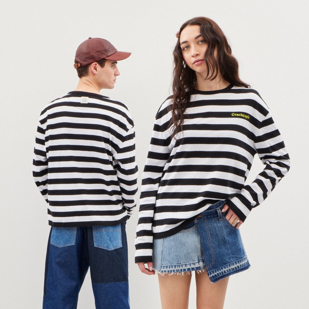 COACH®,Long Sleeve T Shirt With Stripe Pattern,Recycled Cotton,T Shirt,Logo,Word Embellishment,Casual,Multi Color,Scale View