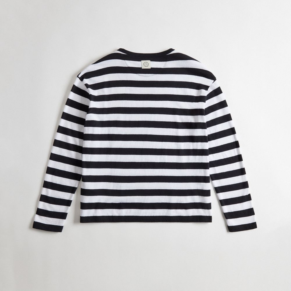 COACH®,Striped Long Sleeve T Shirt in 97% Recycled Cotton,New Item1,Black/Creme,Back View