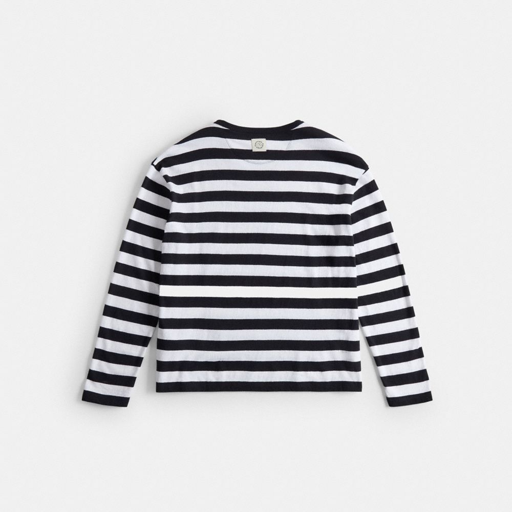 COACH®,Striped Long Sleeve T Shirt in 97% Recycled Cotton,New Item1,Black/Creme,Back View