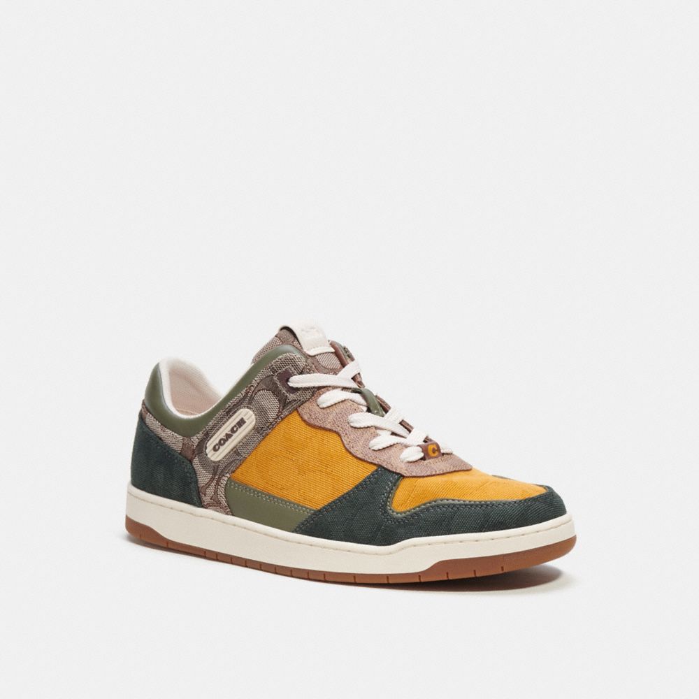 COACH®,C201 SNEAKER IN MIXED SIGNATURE FABRIC,Signature Jacquard,Oak/Buttercup/Amazon Green,Front View