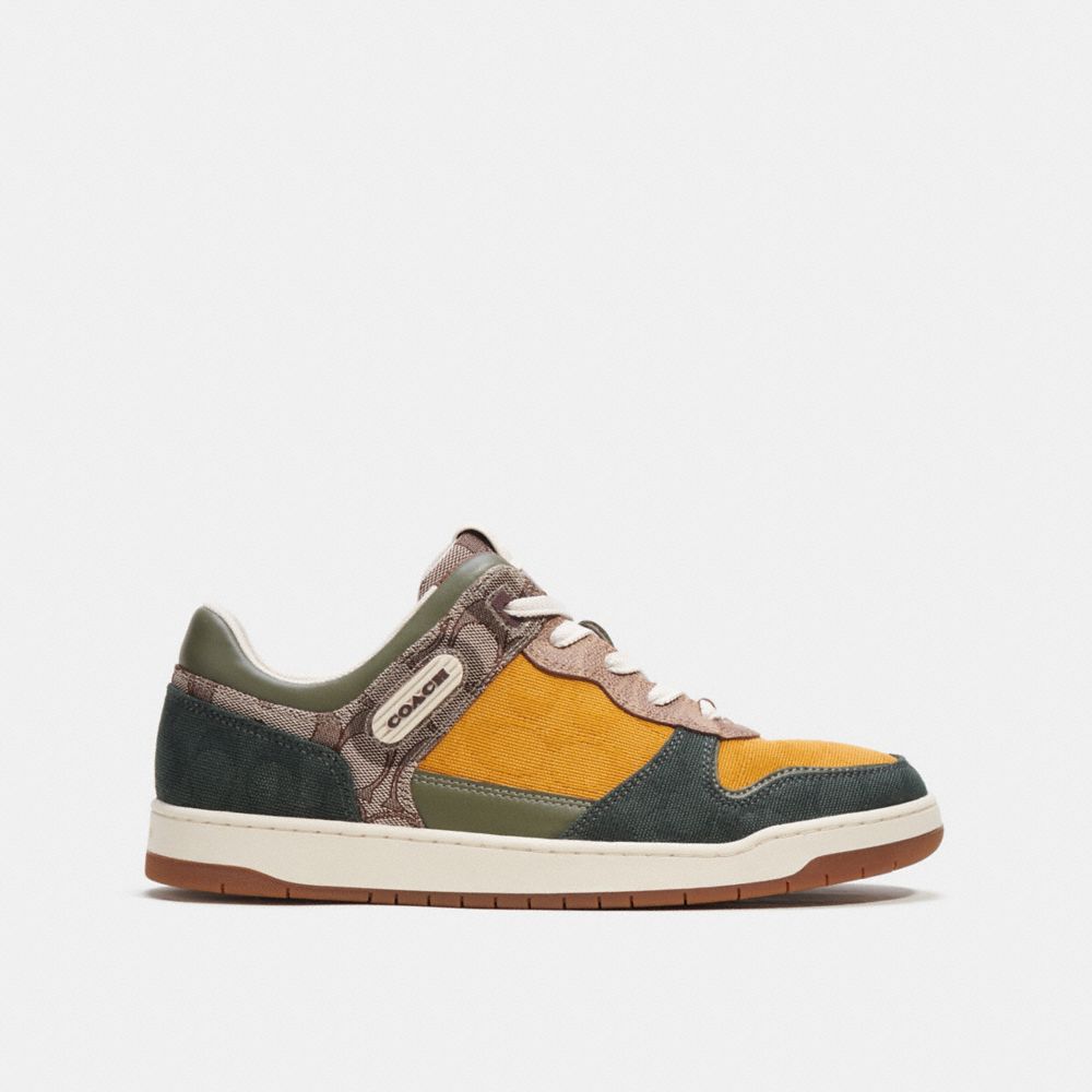 COACH®,C201 SNEAKER IN MIXED SIGNATURE FABRIC,Signature Jacquard,Oak/Buttercup/Amazon Green,Angle View