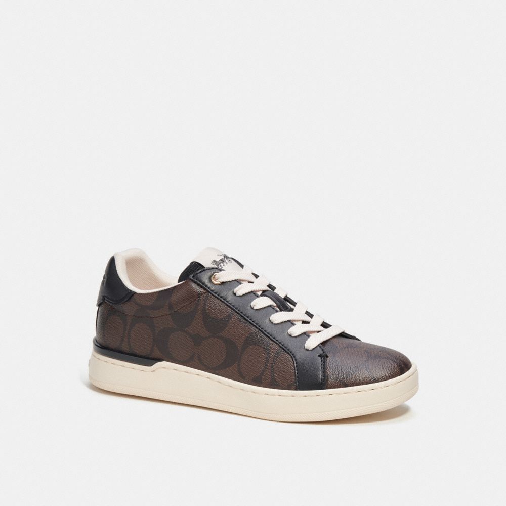 COACH®,CLIP LOW TOP SNEAKER IN SIGNATURE CANVAS,Mahogany/Black,Front View