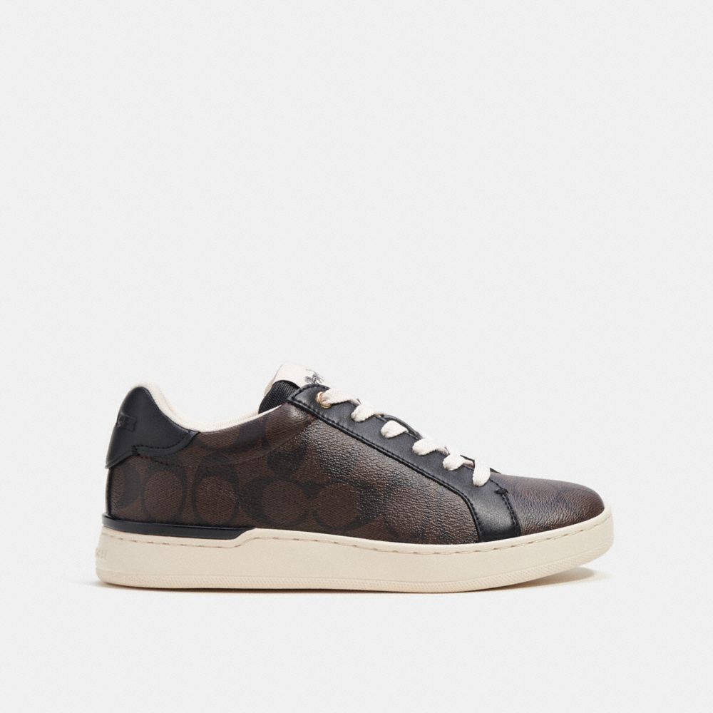 COACH®,CLIP LOW TOP SNEAKER IN SIGNATURE CANVAS,Mahogany/Black,Angle View