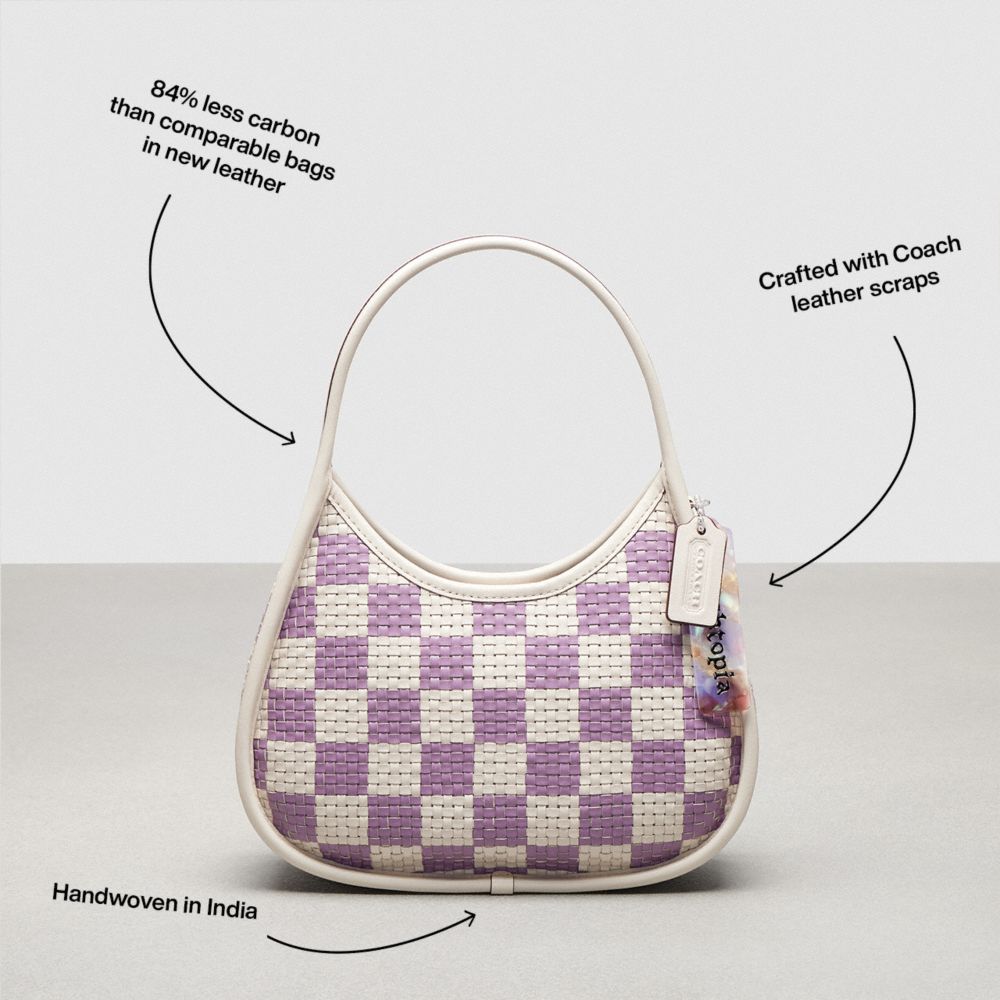 COACH®,Ergo Bag With Woven Checkerboard In Repurposed Leather,Leather,Acrylic,Shoulder Bag,Plastic,Embossed,Piping,Logo,Da...,Multi Color,Angle View