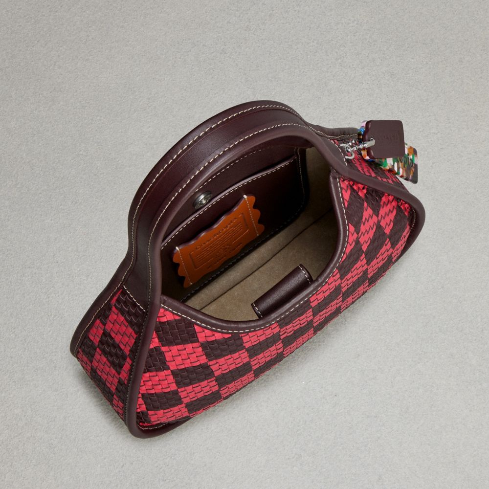 COACH®,Ergo Bag With Woven Checkerboard In Repurposed Leather,Acrylic,Leather,Shoulder Bag,Plastic,Logo,Embossed,Piping,Da...,Multi Color,Inside View,Top View