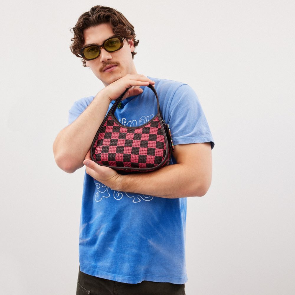 COACH®,Ergo Bag With Woven Checkerboard In Repurposed Leather,Acrylic,Leather,Shoulder Bag,Plastic,Logo,Embossed,Piping,Da...,Multi Color,Detail View