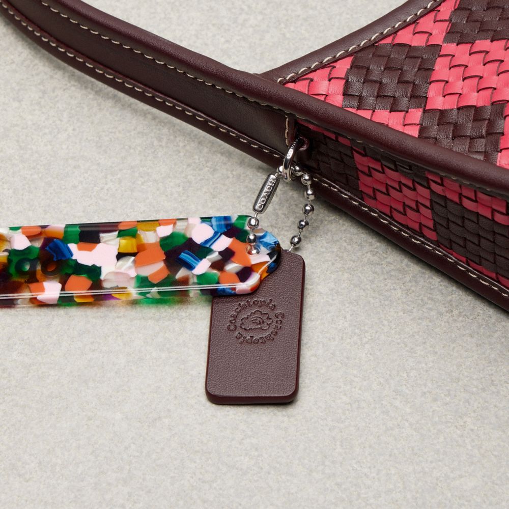 COACH®,Ergo Bag With Woven Checkerboard In Repurposed Leather,Acrylic,Leather,Shoulder Bag,Plastic,Logo,Embossed,Piping,Da...,Multi Color