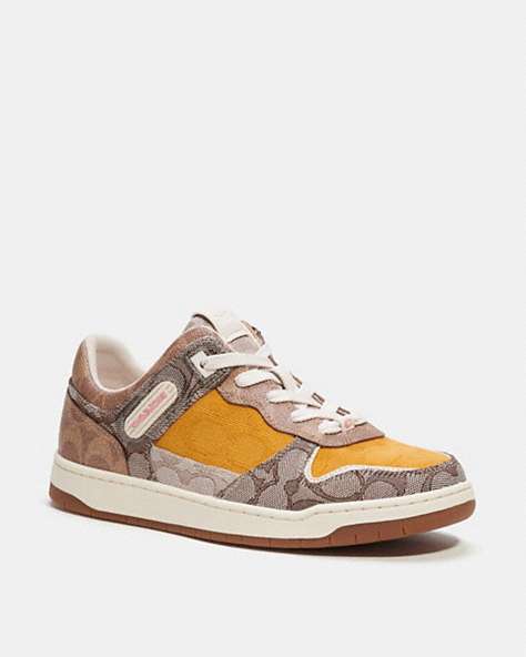 COACH®,C201 LOW TOP SNEAKER IN MIXED SIGNATURE FABRIC,Signature Jacquard,Buttercup/Tan,Front View