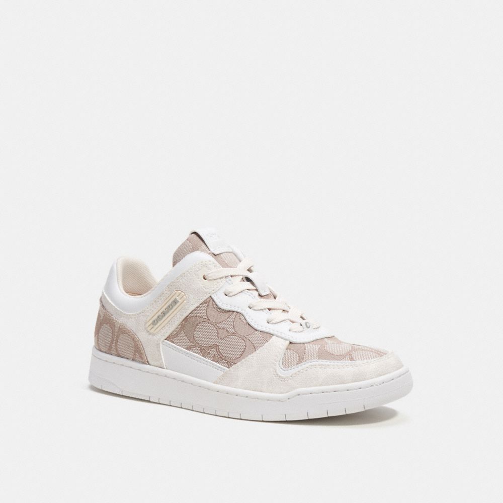 COACH®,C201 LOW TOP SNEAKER IN SIGNATURE JACQUARD,Chalk/Stone,Front View