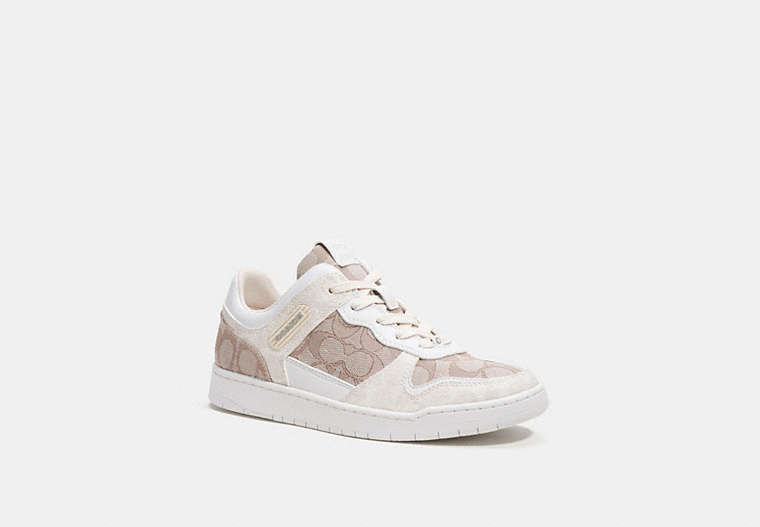 COACH®,C201 LOW TOP SNEAKER IN SIGNATURE JACQUARD,Chalk/Stone,Front View image number 0