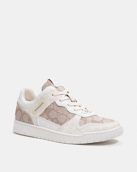 COACH®,C201 LOW TOP SNEAKER IN SIGNATURE JACQUARD,Chalk/Stone,Front View