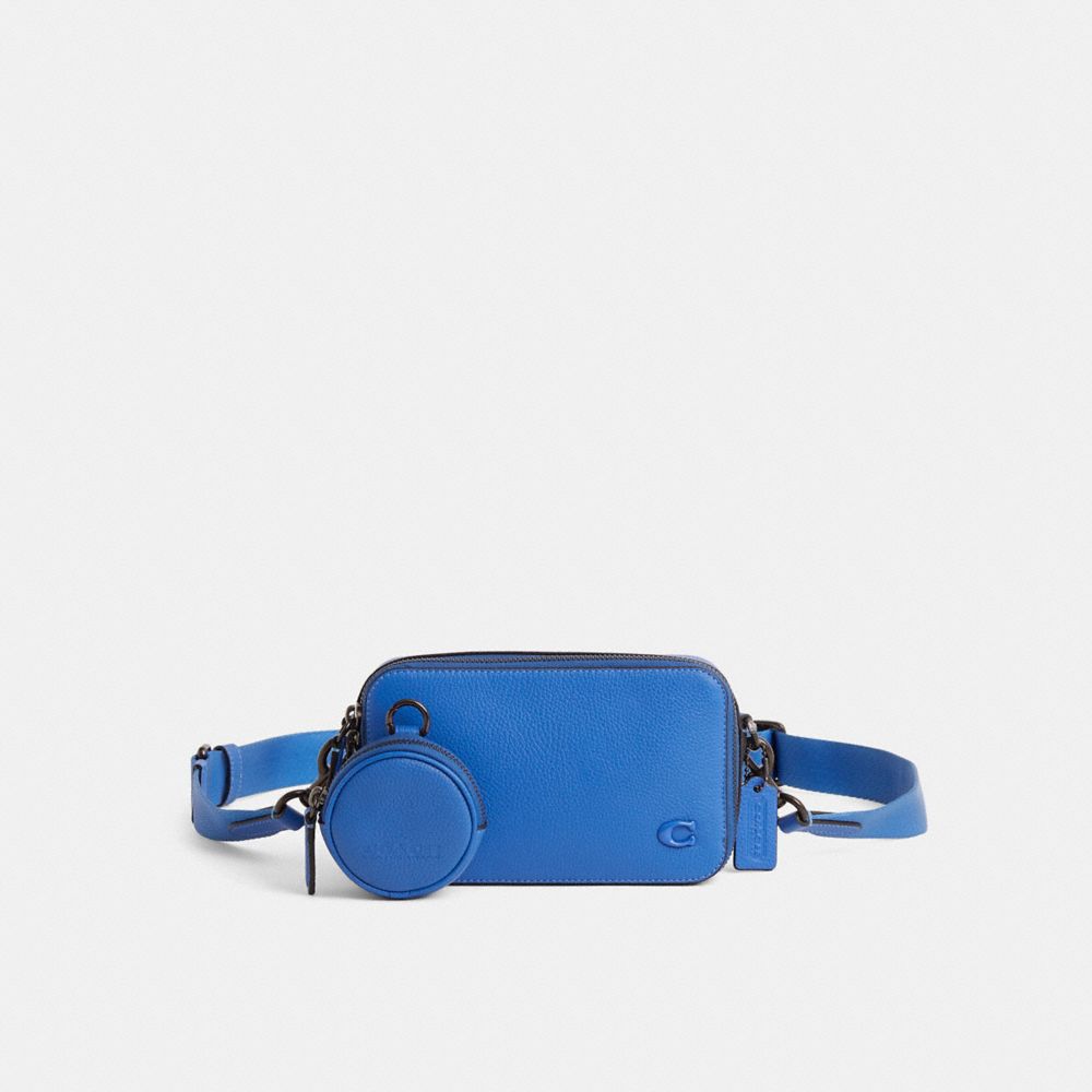 COACH®,Restored Charter Slim Crossbody,Leather,Crossbody,Coin,Logo,Metal,Embossed,Casual,Blue,Front View