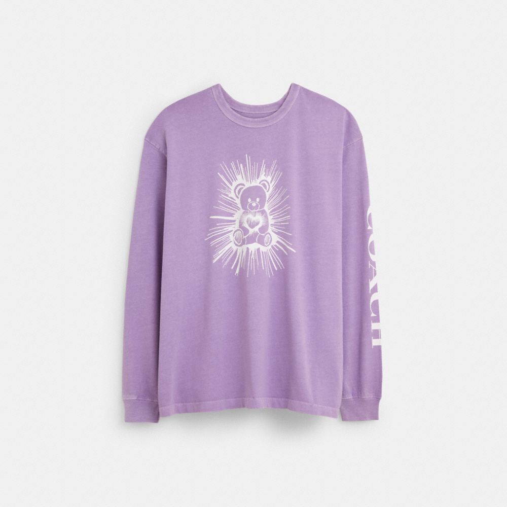 COACH®,BEAR GRAPHIC RELAXED LONGSLEEVE T-SHIRT,Purple,Front View