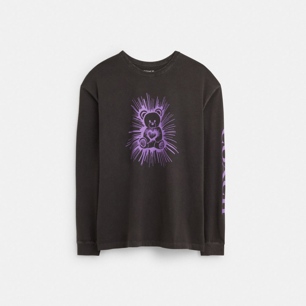 COACH®,BEAR GRAPHIC RELAXED LONGSLEEVE T-SHIRT,Smoke,Front View