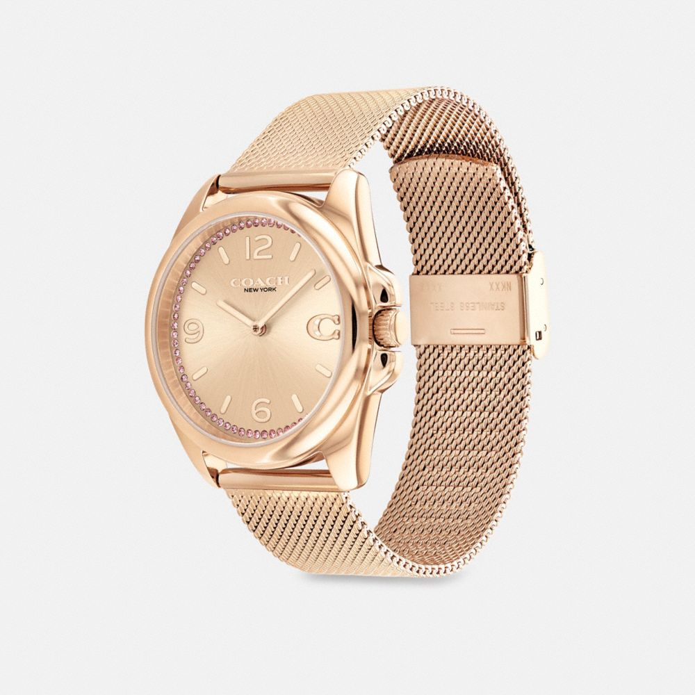 COACH®,GREYSON WATCH, 36MM,Carnation Gold,Angle View