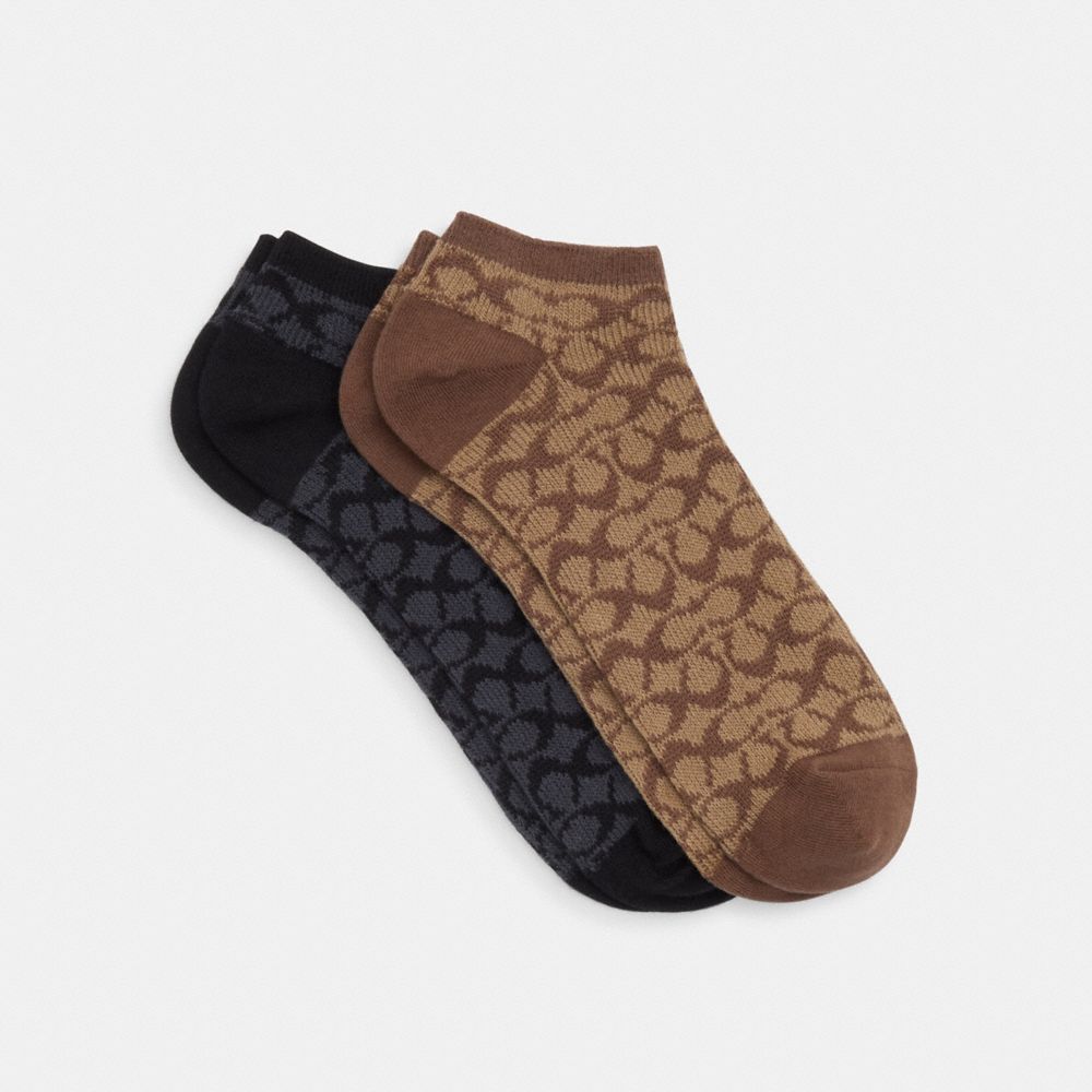 COACH®,SIGNATURE ANKLE SOCKS,mixedmaterial,Khaki/Black,Front View