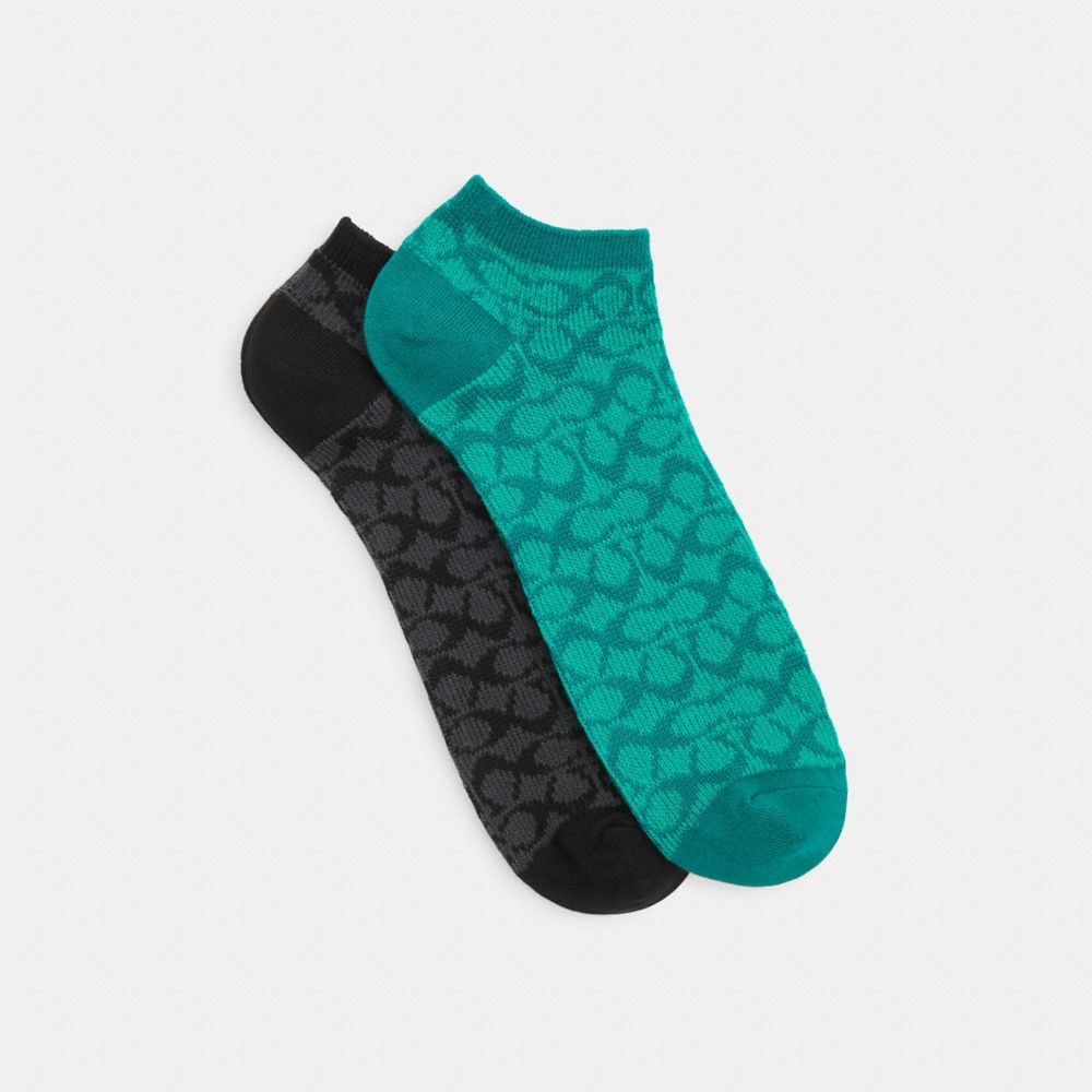 COACH®,SIGNATURE ANKLE SOCKS,mixedmaterial,Bright Green/Black,Front View