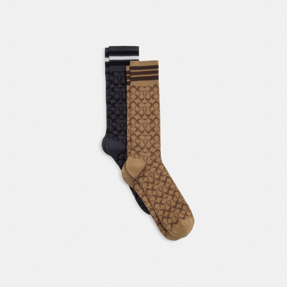 COACH®,CHAUSSETTES LONGUEUR MOLLET SIGNATURE,Kaki/Noir,Front View