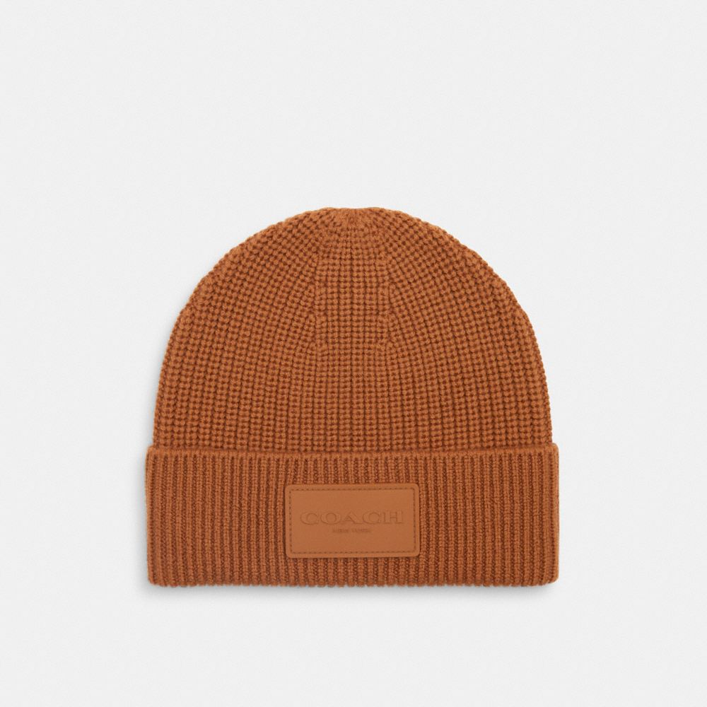 COACH®,Knit Beanie With Rubber Patch,Wool,Beanie,Applique,Ribbed,Logo,Casual,Brown,Front View image number 0