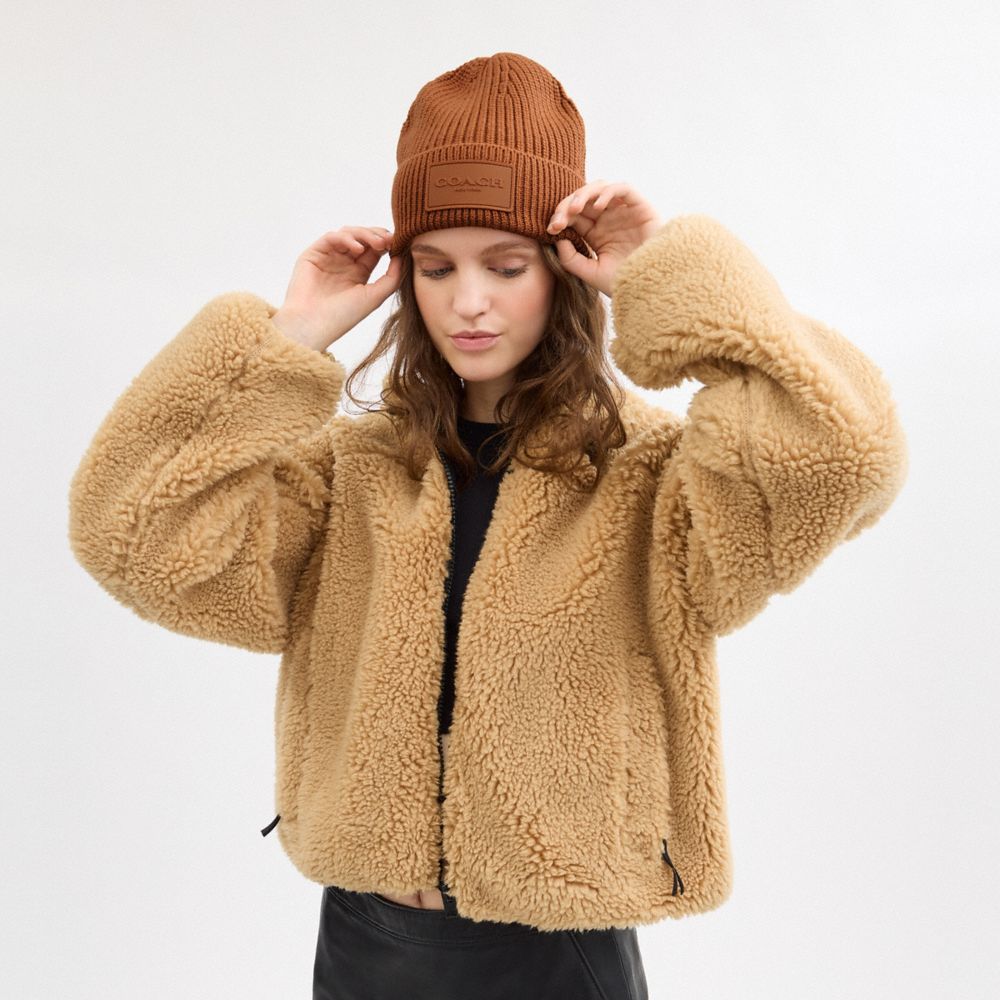 COACH®,Knit Beanie,Wool,Beanie,Applique,Logo,Ribbed,Casual,Brown,Detail View