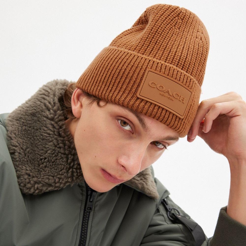 COACH®,Knit Beanie,Wool,Beanie,Applique,Logo,Ribbed,Casual,Brown,Angle View