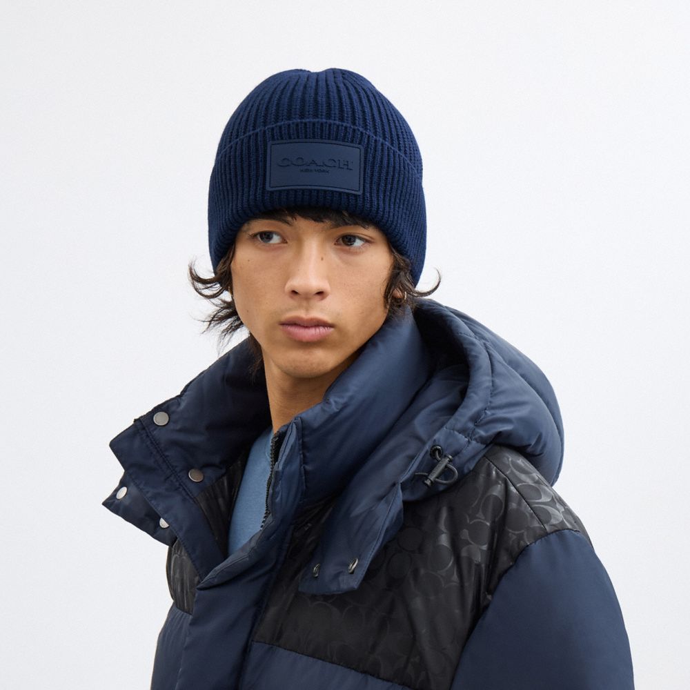 COACH®,Knit Beanie,Wool,Beanie,Applique,Logo,Ribbed,Casual,Navy,Detail View