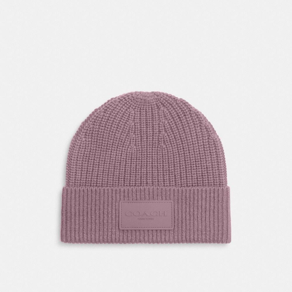 COACH®,Knit Beanie With Rubber Patch,Wool,Beanie,Ribbed,Logo,Applique,Casual,Purple,Front View