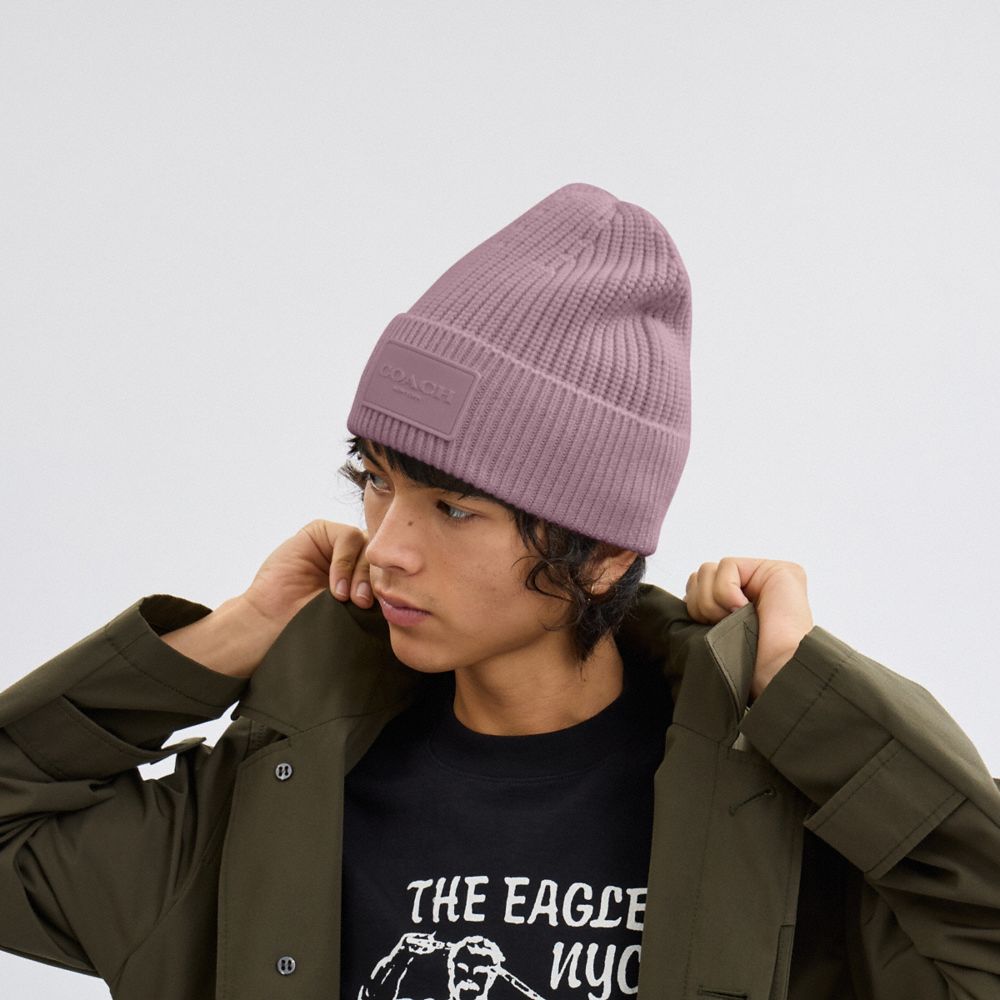 COACH®,Knit Beanie,Wool,Beanie,Applique,Logo,Ribbed,Casual,Purple,Detail View