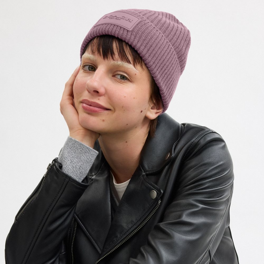 COACH®,Knit Beanie With Rubber Patch,Wool,Beanie,Ribbed,Logo,Applique,Casual,Purple,Angle View