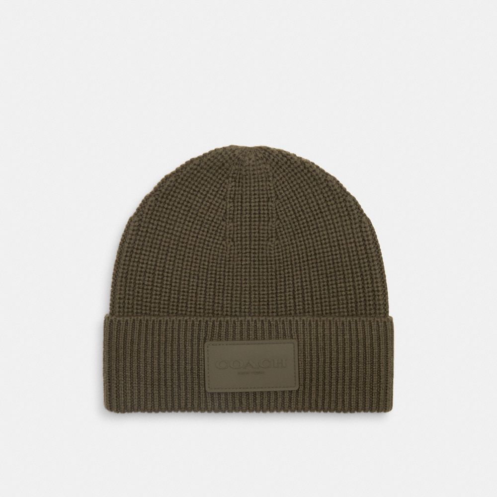 COACH®,Knit Beanie,Wool,Beanie,Applique,Logo,Ribbed,Casual,Olive,Front View