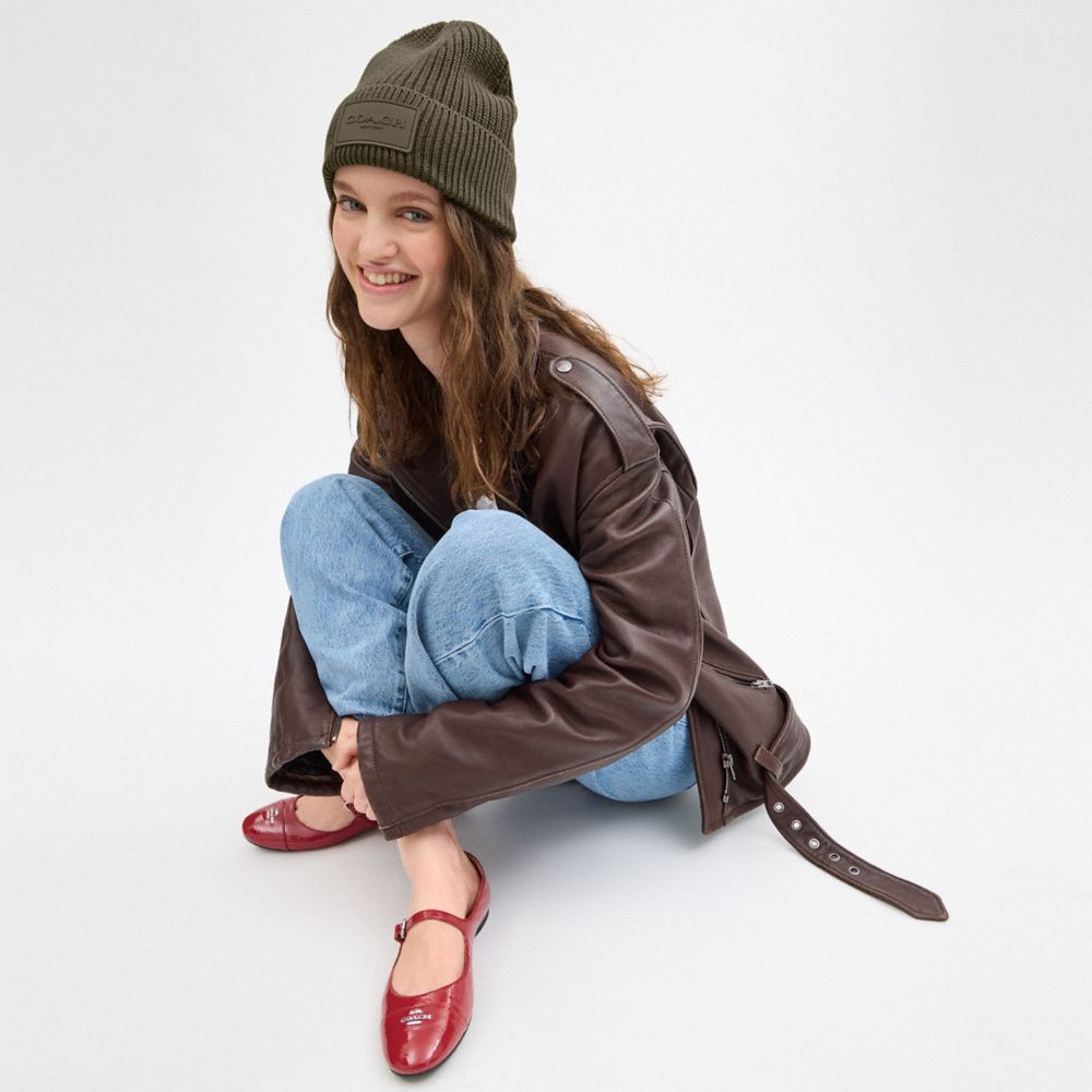 COACH®,Knit Beanie With Rubber Patch,Wool,Beanie,Ribbed,Logo,Applique,Casual,Olive,Detail View