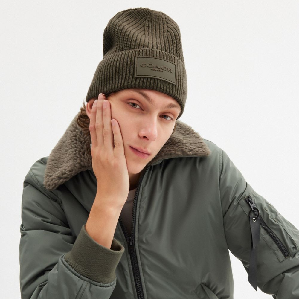 COACH®,Knit Beanie,Wool,Beanie,Applique,Logo,Ribbed,Casual,Olive,Angle View