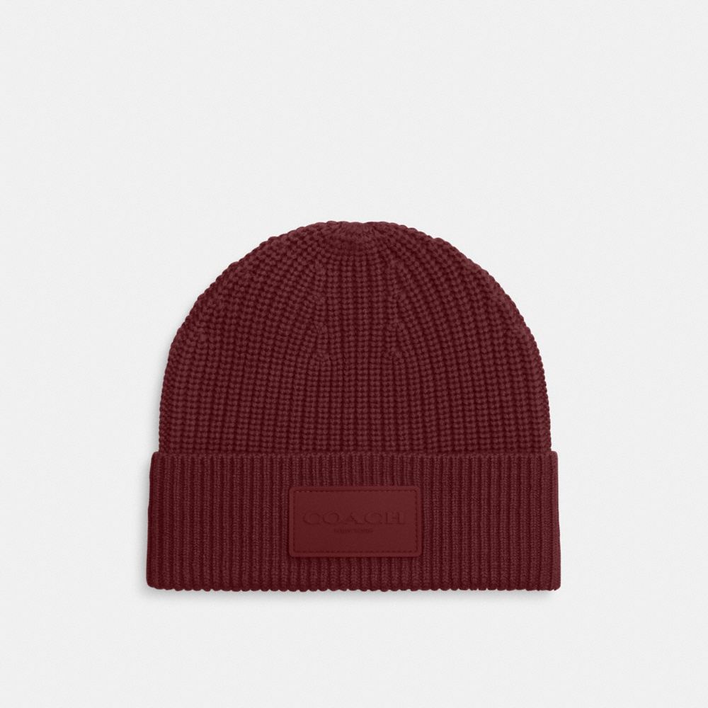 COACH®,Knit Beanie With Rubber Patch,Wool,Beanie,Ribbed,Logo,Applique,Casual,Maroon,Front View