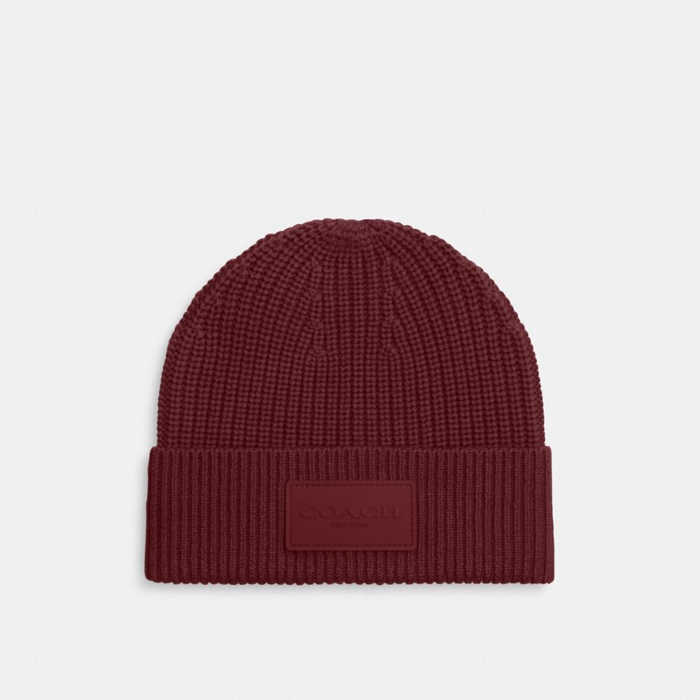 COACH®,Knit Beanie,Wool,Beanie,Applique,Logo,Ribbed,Casual,Maroon,Front View