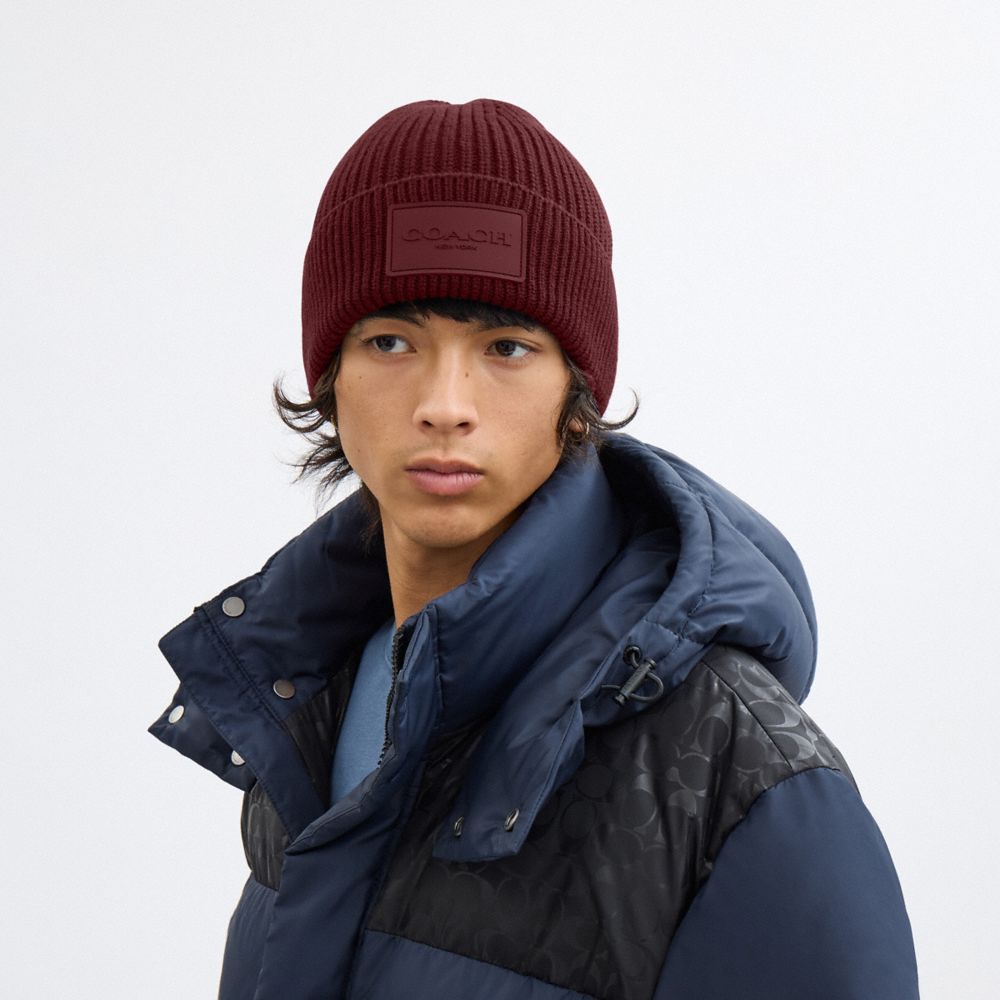 COACH®,Knit Beanie With Rubber Patch,Wool,Beanie,Ribbed,Logo,Applique,Casual,Maroon,Detail View