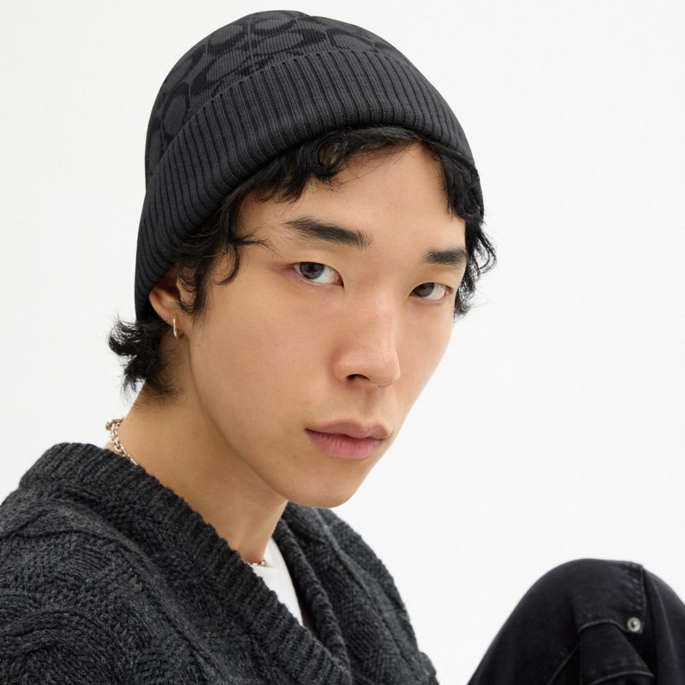 COACH®,Signature Knit Beanie,Wool,Beanie,Logo,Ribbed,Casual,Gray,Detail View