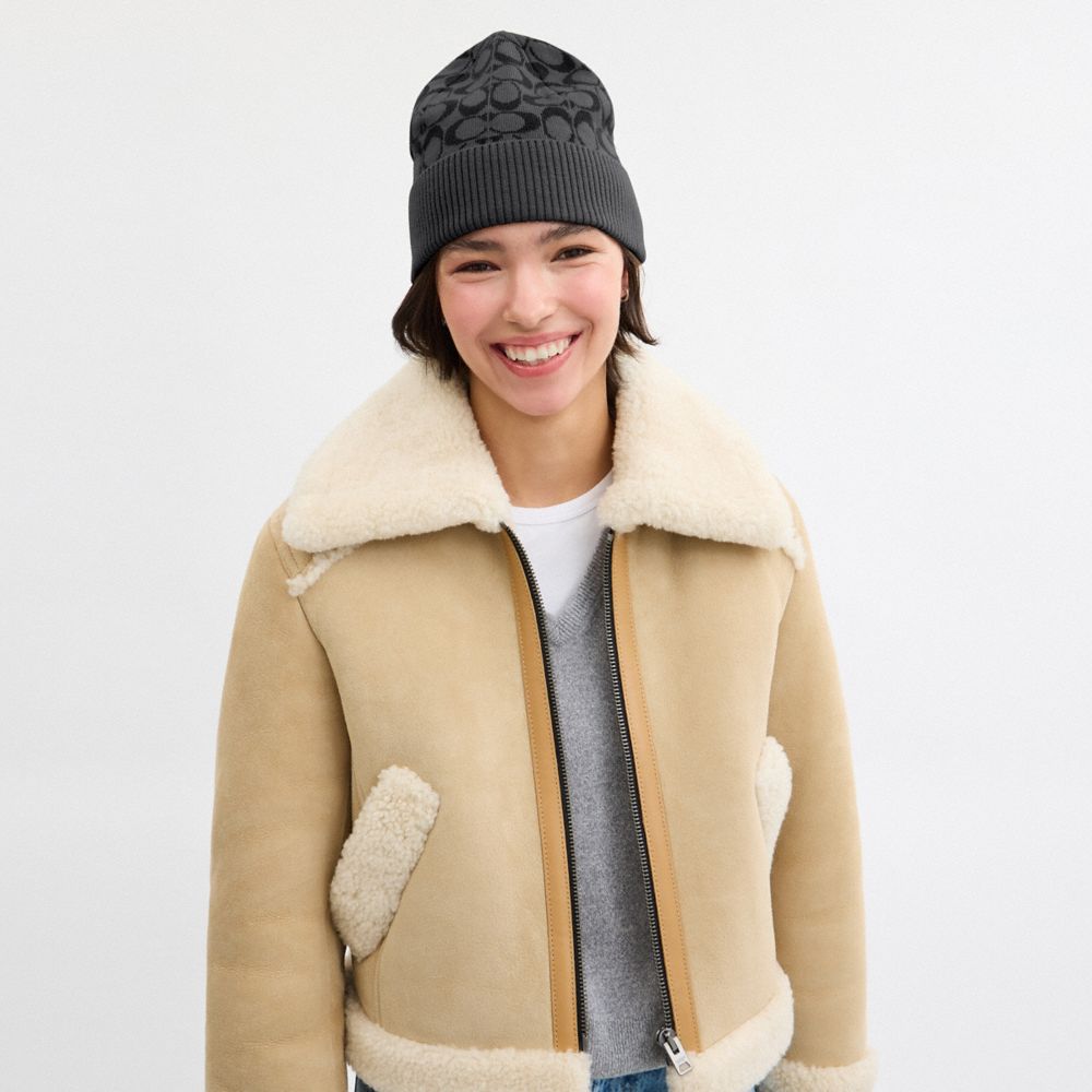 COACH®,Signature Knit Beanie,Wool,Beanie,Logo,Ribbed,Casual,Gray,Angle View