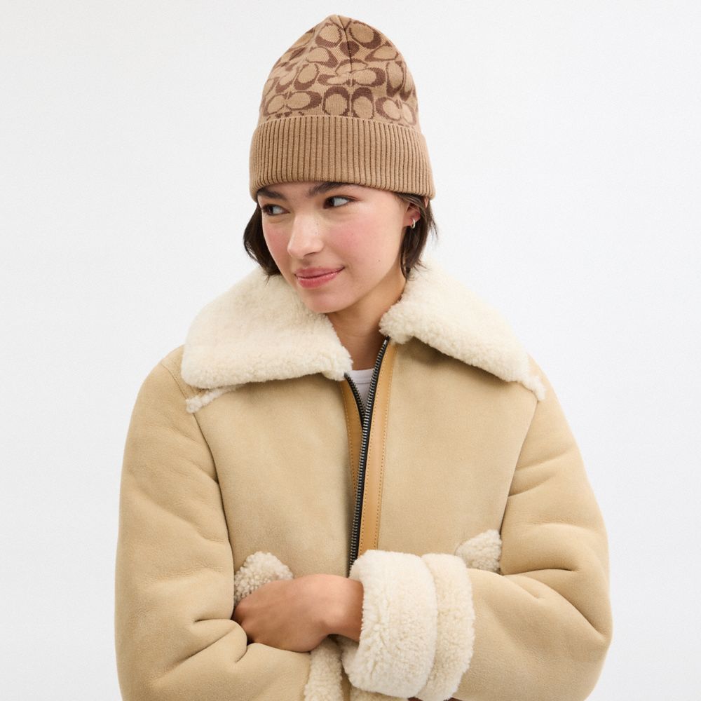 COACH®,Signature Knit Beanie,Wool,Beanie,Logo,Ribbed,Casual,Beige,Angle View