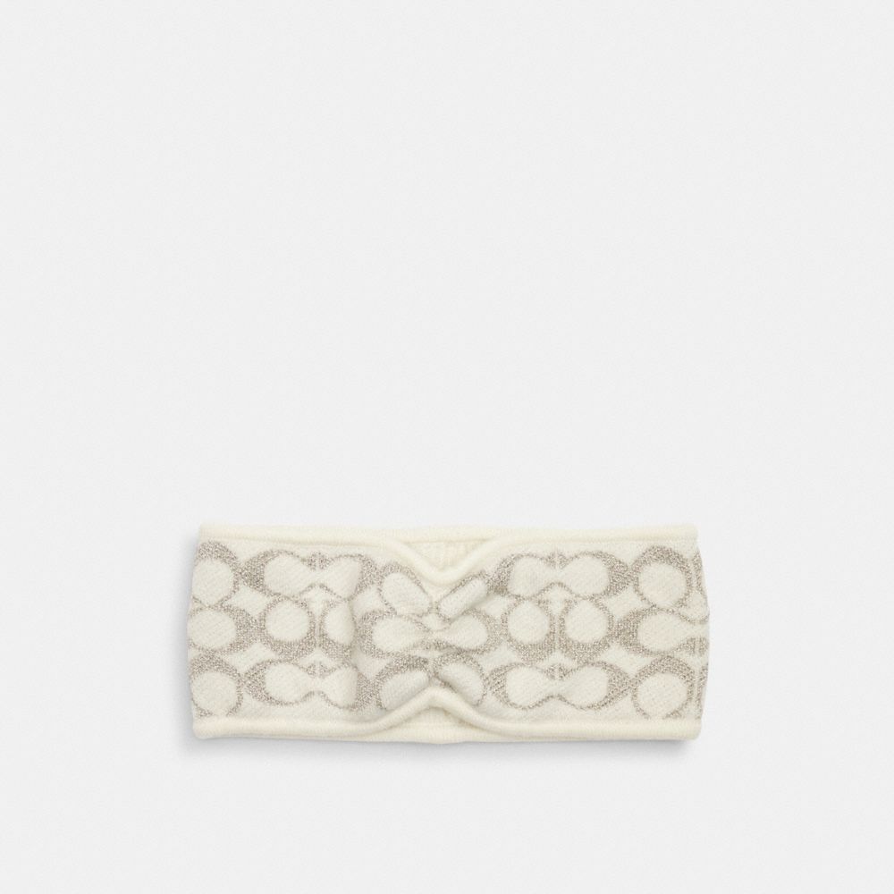 COACH®,Signature Metallic Knit Headband,Metallic,Wool,Headband,Glitter,Ruched,Logo,Casual,Cream,Front View