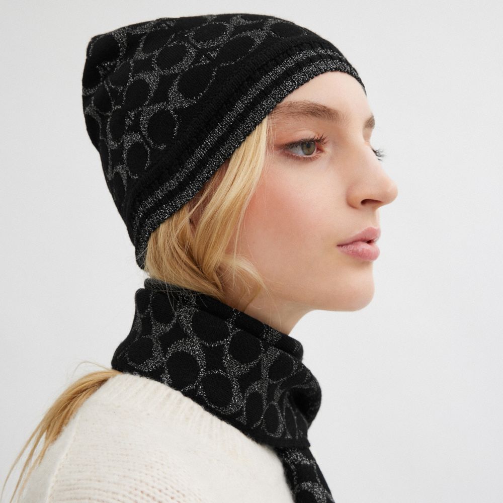COACH®,Signature Metallic Knit Beanie,Wool,Beanie,Stripe,Glitter,Logo,Casual,Black,Detail View