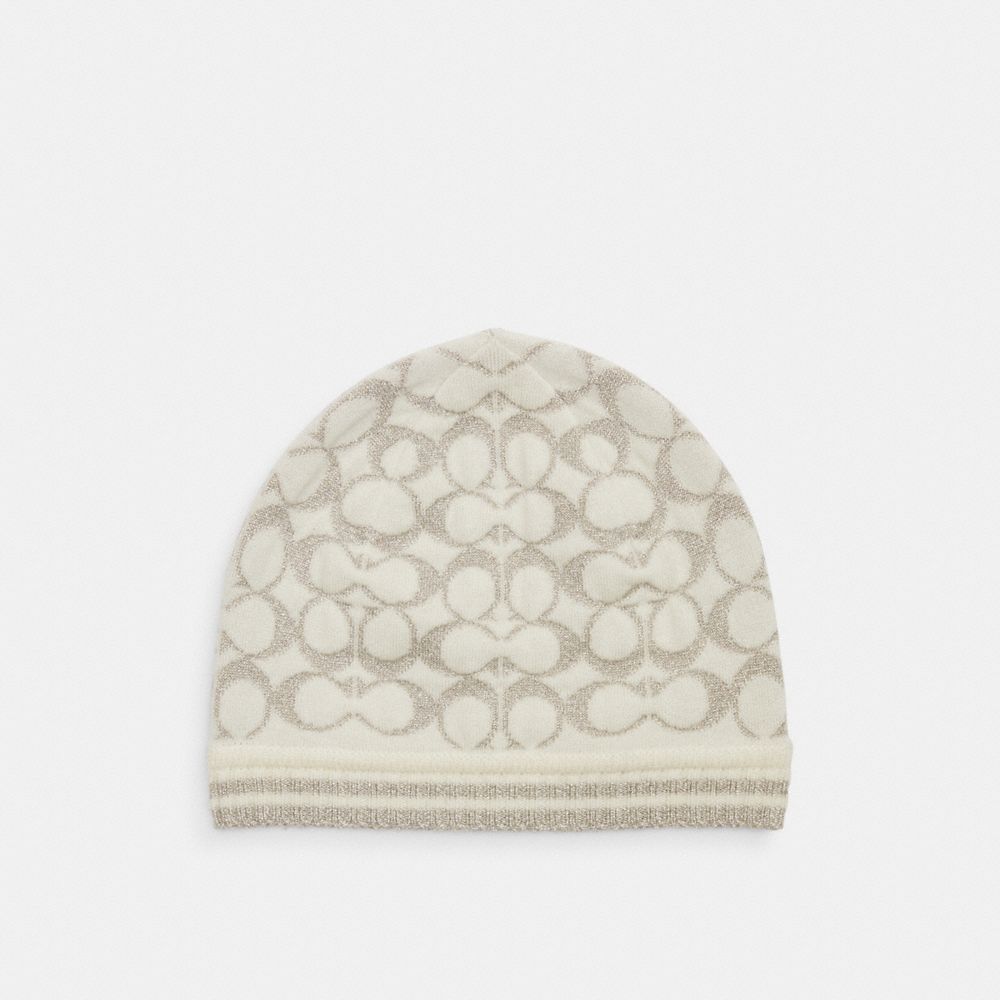 COACH®,Signature Metallic Knit Beanie,Cream,Front View