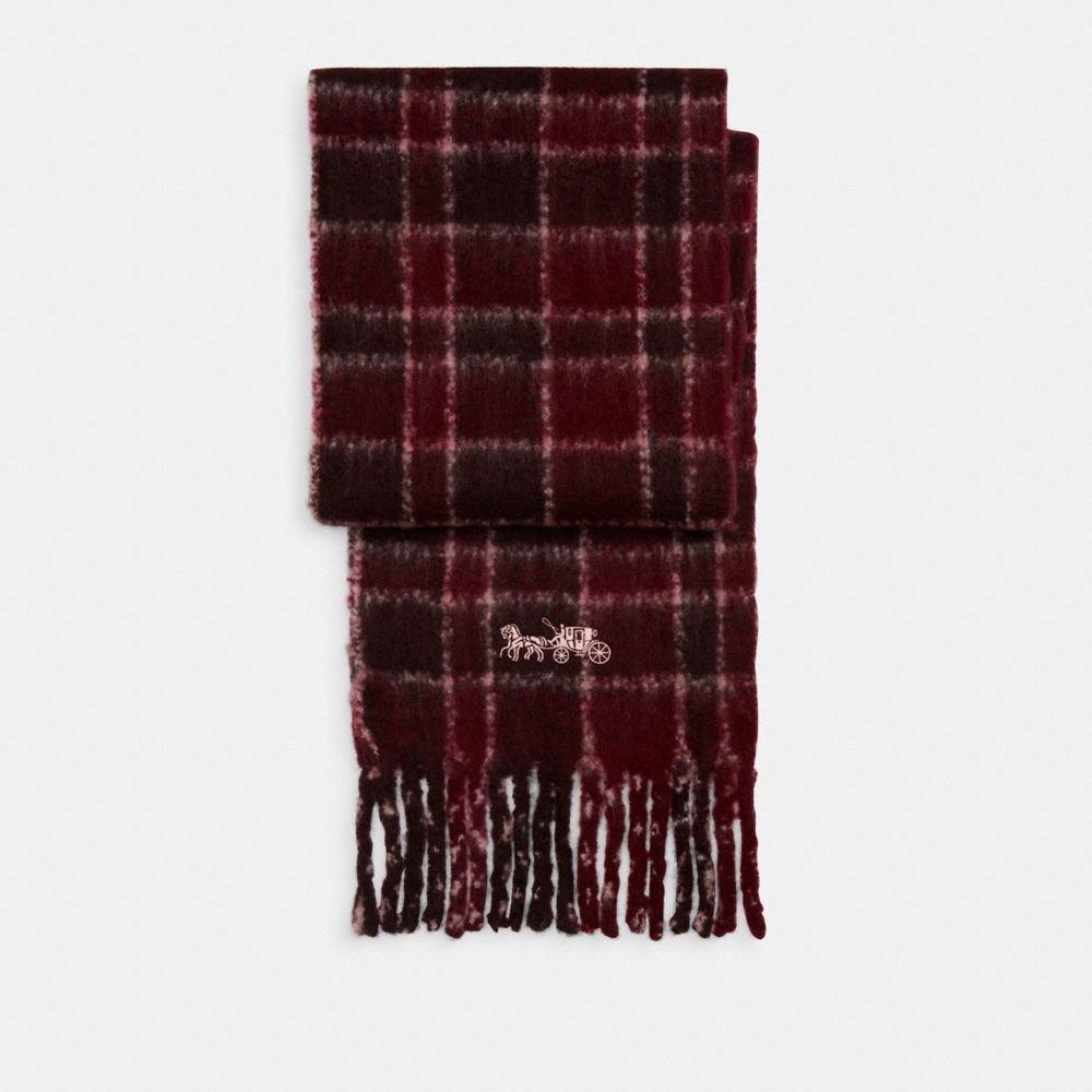 COACH®,Classic Plaid Oversized Muffler,Wool,Nylon,Polyester,Rectangle,Embroidered,Fringe,Casual,Maroon,Front View