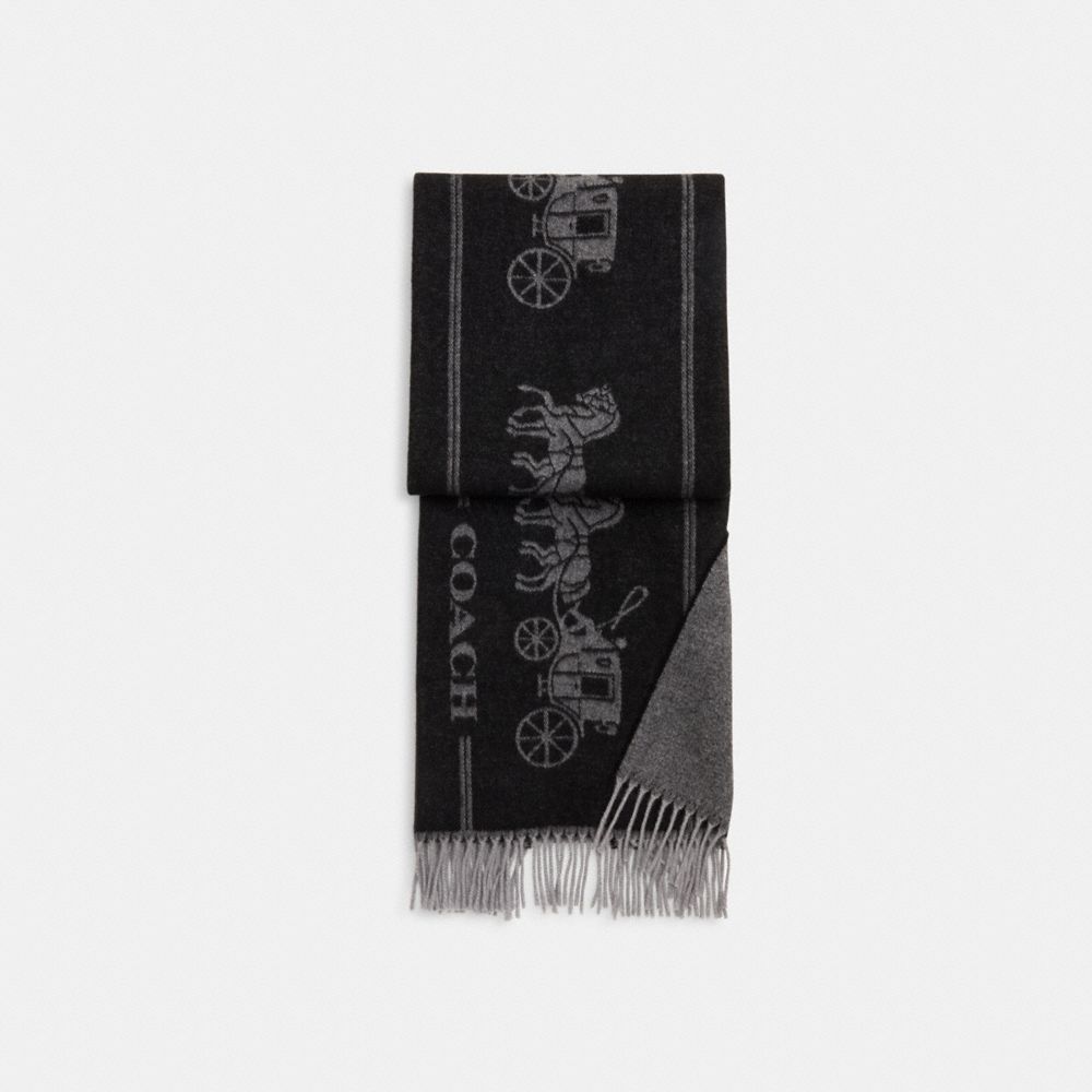 COACH®,Classic Horse And Carriage Oversized Muffler,Wool,Cashmere,Rectangle,Logo,Stripe,Fringe,Work,Black,Front View