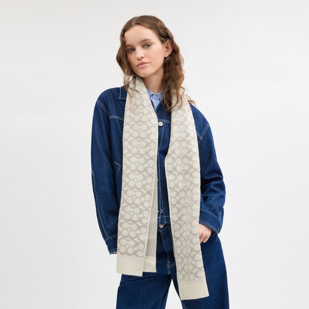 COACH®,Signature Metallic Knit Scarf,Wool,Rectangle,Logo,Work,Cream,Detail View