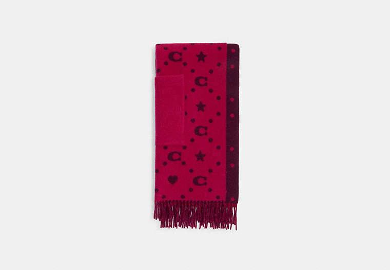 COACH®,STARS AND HEARTS PRINT OVERSIZED MUFFLER WITH POCKETS,Cerise,Front View