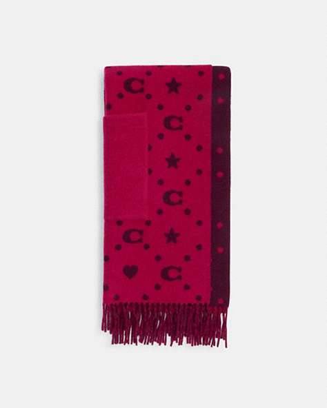 COACH®,STARS AND HEARTS PRINT OVERSIZED MUFFLER WITH POCKETS,Cerise,Front View