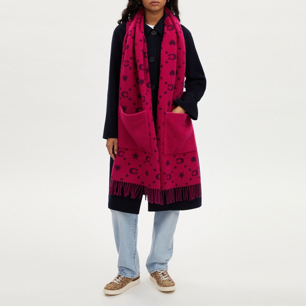 COACH®,STARS AND HEARTS PRINT OVERSIZED MUFFLER WITH POCKETS,Cerise,Detail View